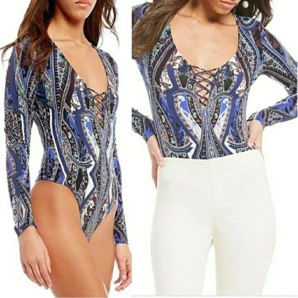 FREE PEOPLE Pick A Place Bodysuit Lace Up Front Long Sleeve Paisley Print EUC S